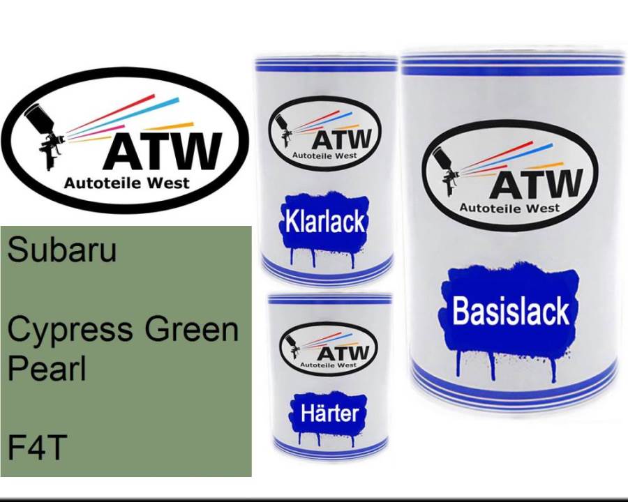 Subaru, Cypress Green Pearl, F4T: 500ml Lackdose + 500ml Klarlack + 250ml Härter - Set, von ATW Autoteile West.